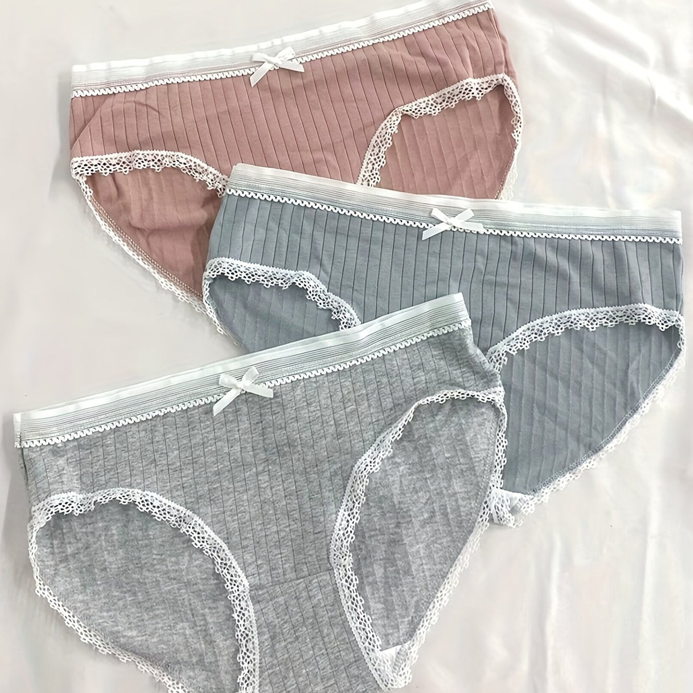 3pcs Ribbed Bow Tie Briefs Soft & Comfy Stretchy Panties Women's Lingerie