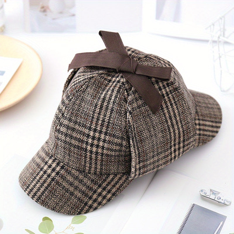 Khaki Plaid Vintage Baseball Cap Double Brim Ear Warmer Sun Hat