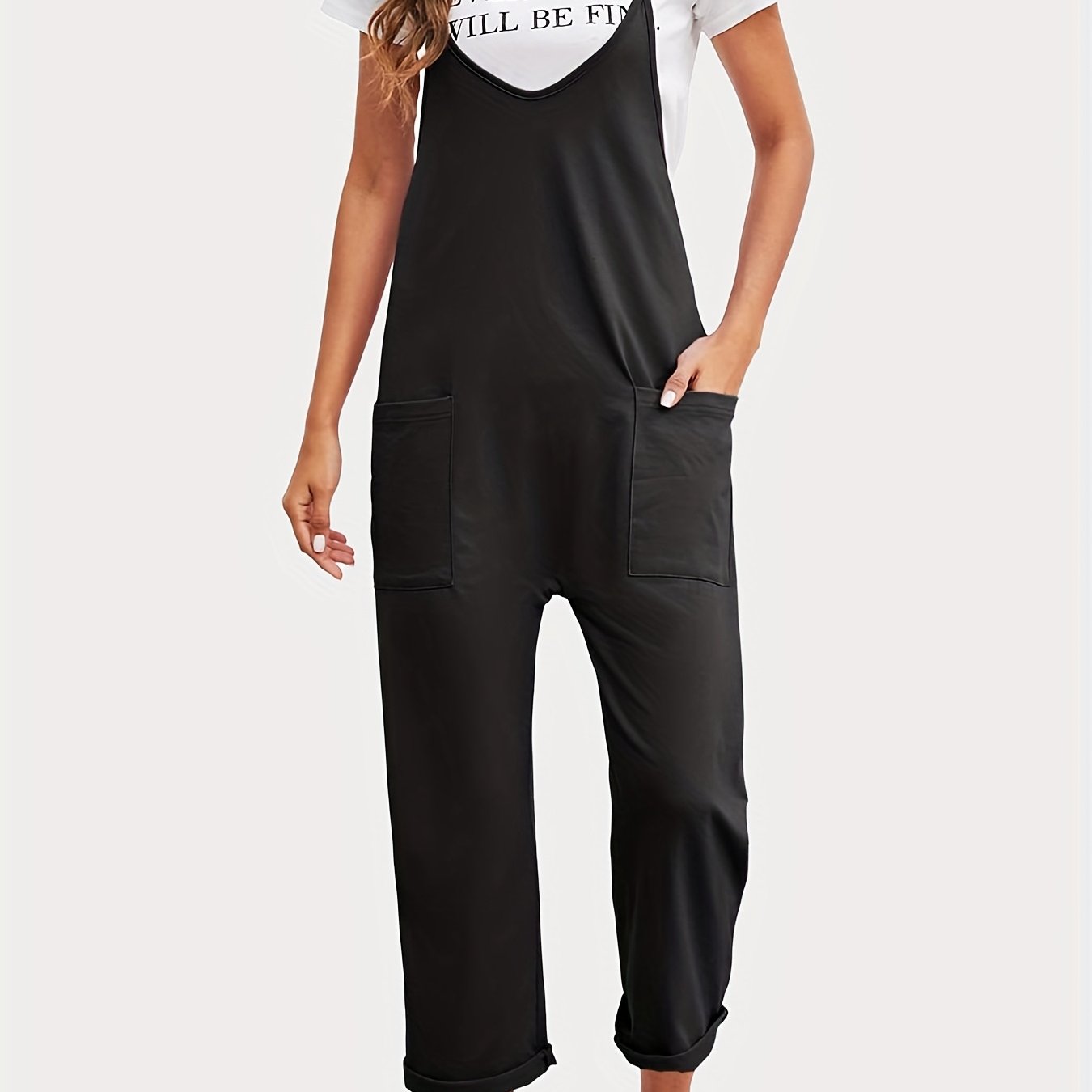 Plunging Jumpsuit Sleeveless Solid Jumpsuit With Pockets Women's Clothing