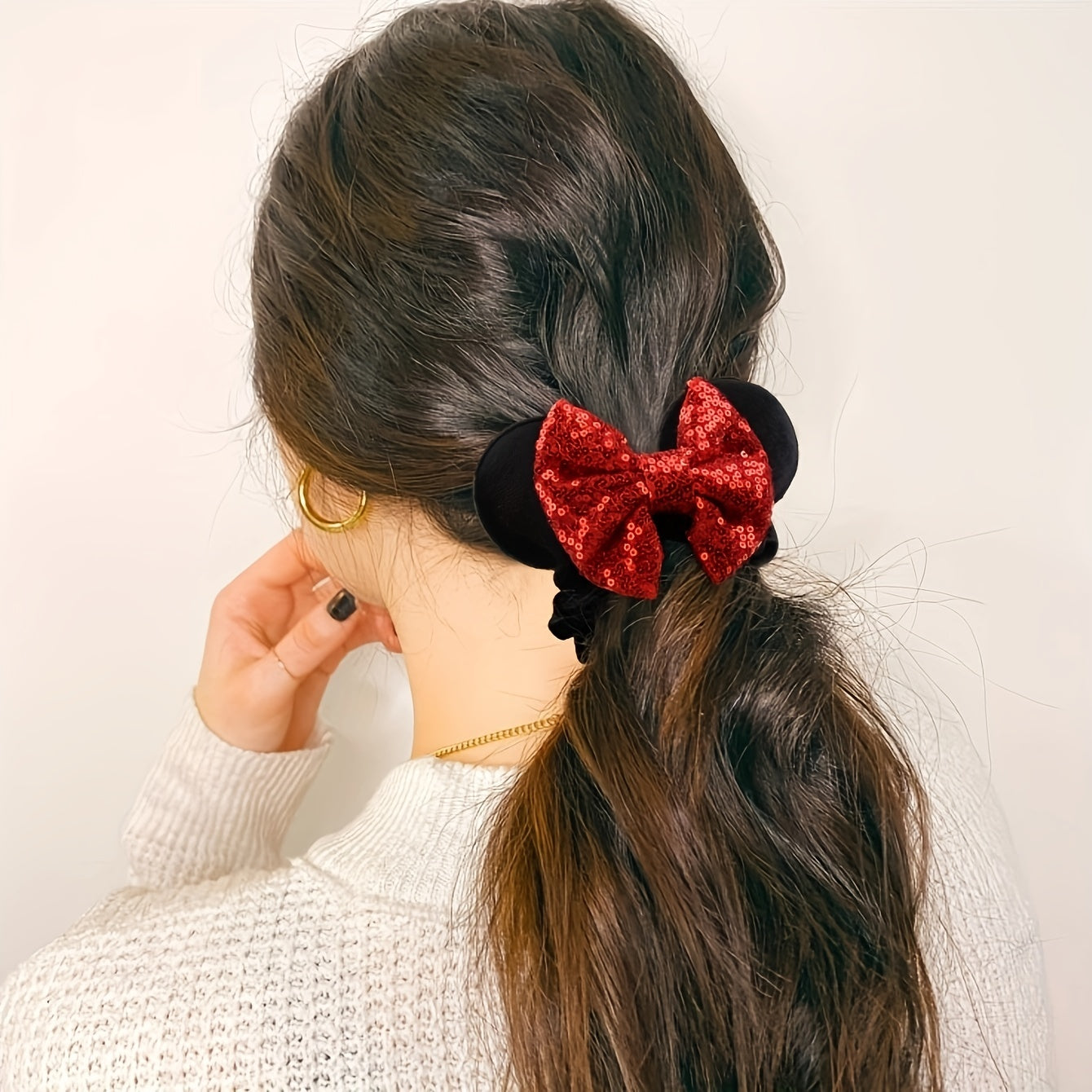 4pcs Mouse Ears Scrunchies Sequin Velvet Hair Tie Colorful Hair Rope
