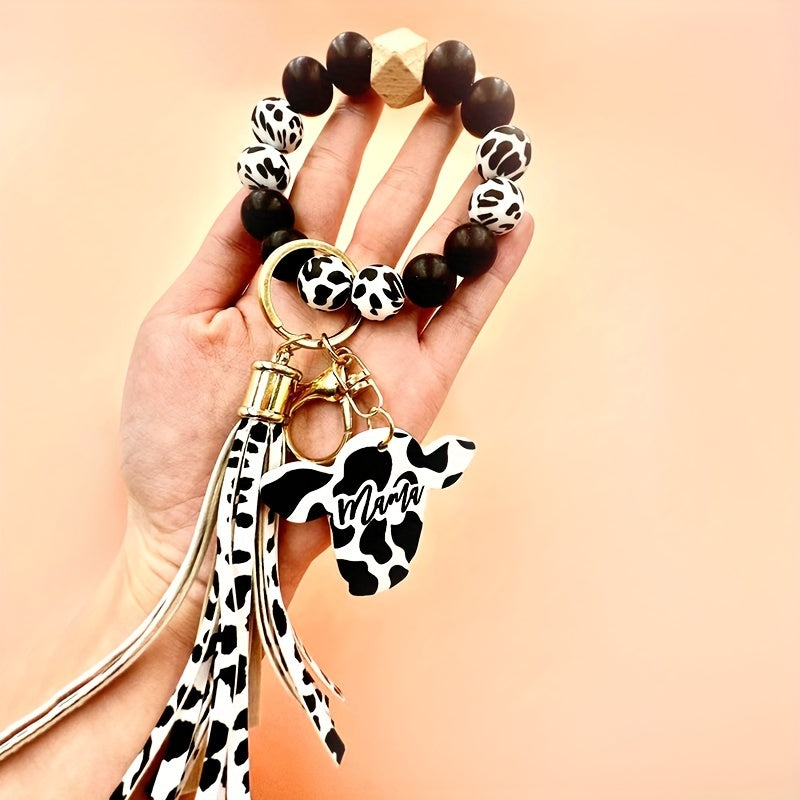 Cow Tassel Charm Beaded Bracelet Keychain Bag Car Key Chain Pendant