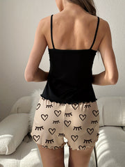 Cartoon Eyelash Print Pajama Set Crew Neck Cami Top & Elastic Waistband Shorts