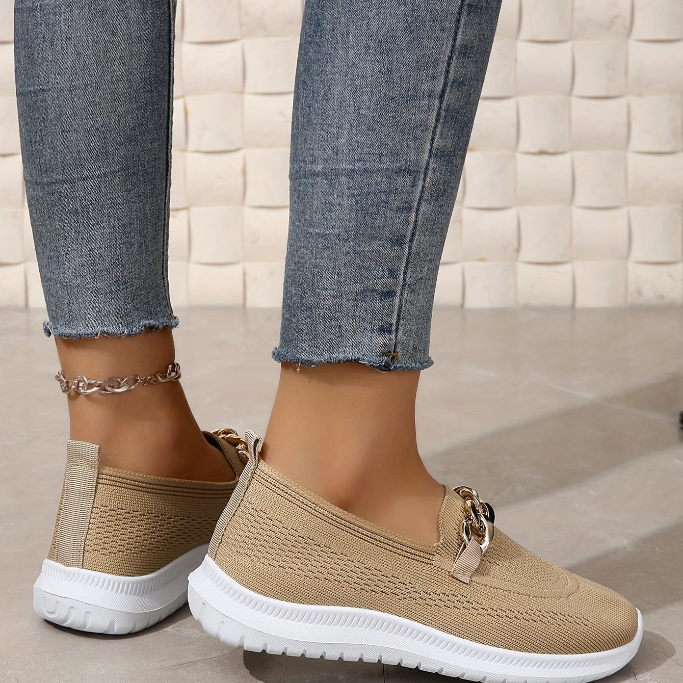 Metallic Chain Slip-On Round Toe Flat Shoes Low Flying Woven Comfy