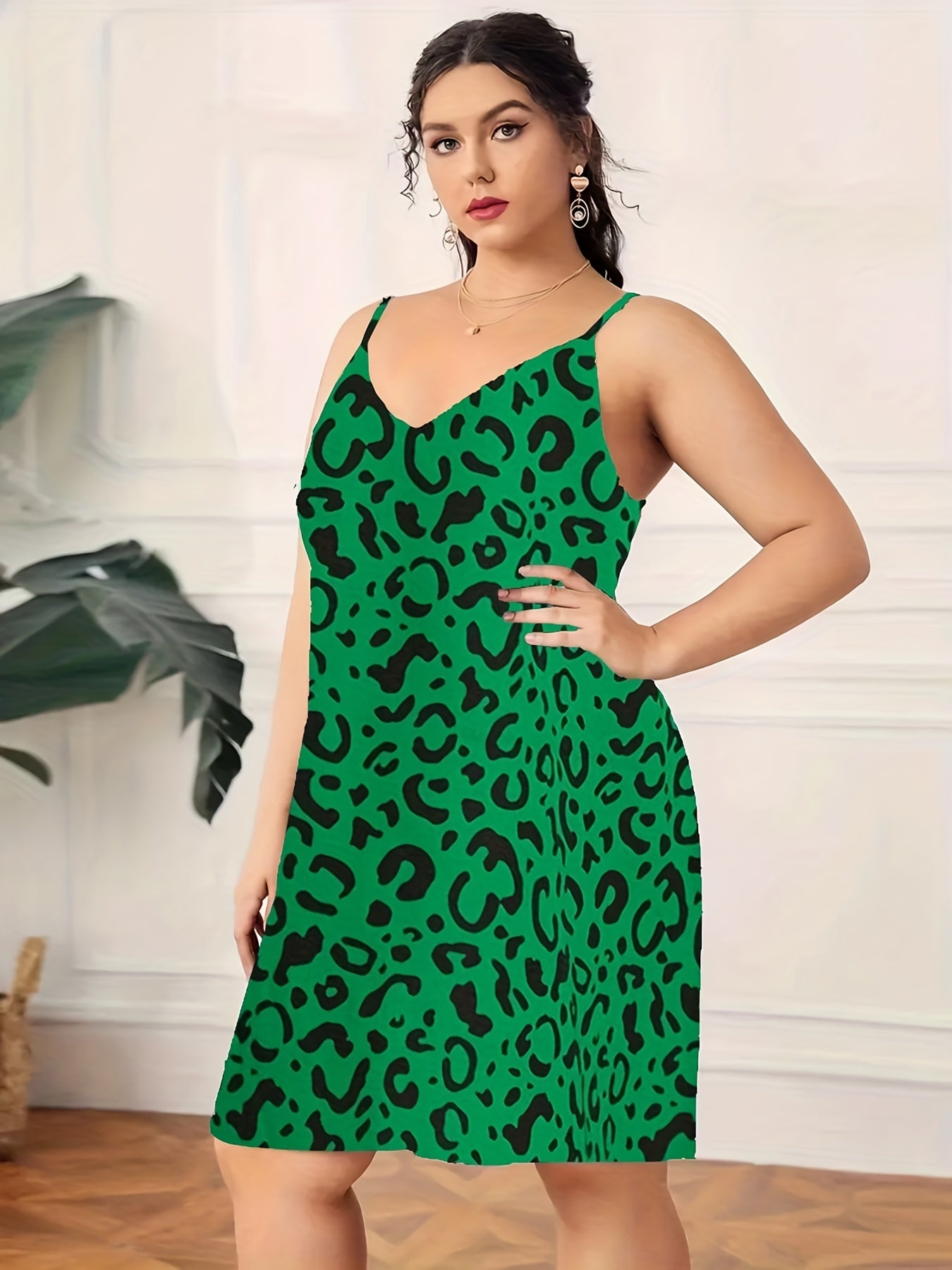  Leopard Print V Neck Lounge Cami Dress