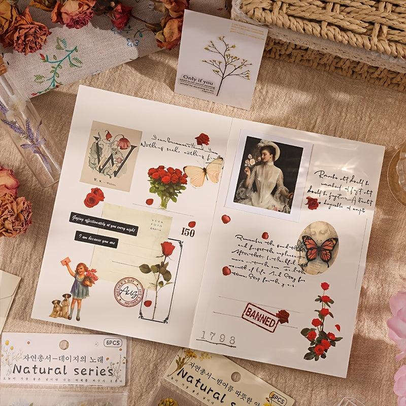 6pcs Nature Book Series Scrapbook Sticker Pack Plant Flower Retro Paper