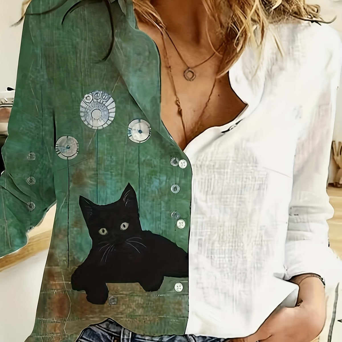  Colorblock Cat Print Button Up Long Sleeve Blouse