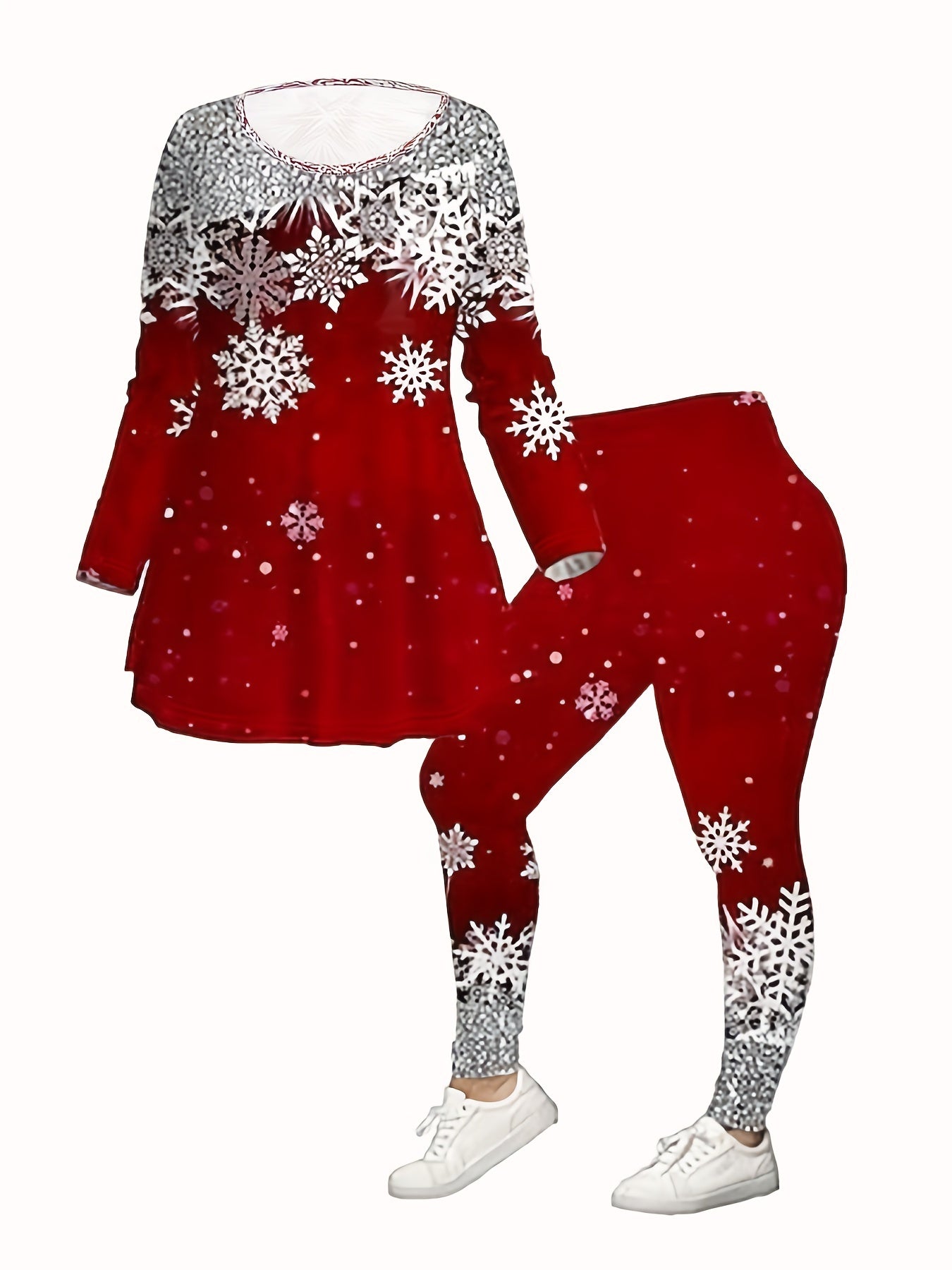  Snowflake Print Tunic Top & Leggings Set
