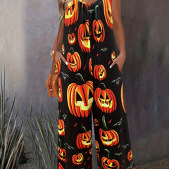  Pumpkin Print Round Neck Wide Leg Jumpsuit