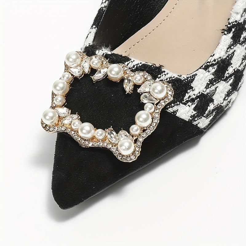 Women's Houndstooth Stiletto Heels Faux Pearl Buckle Cap Toe Pumps