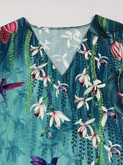  Floral Print V-Neck Ruffle Trim Dress