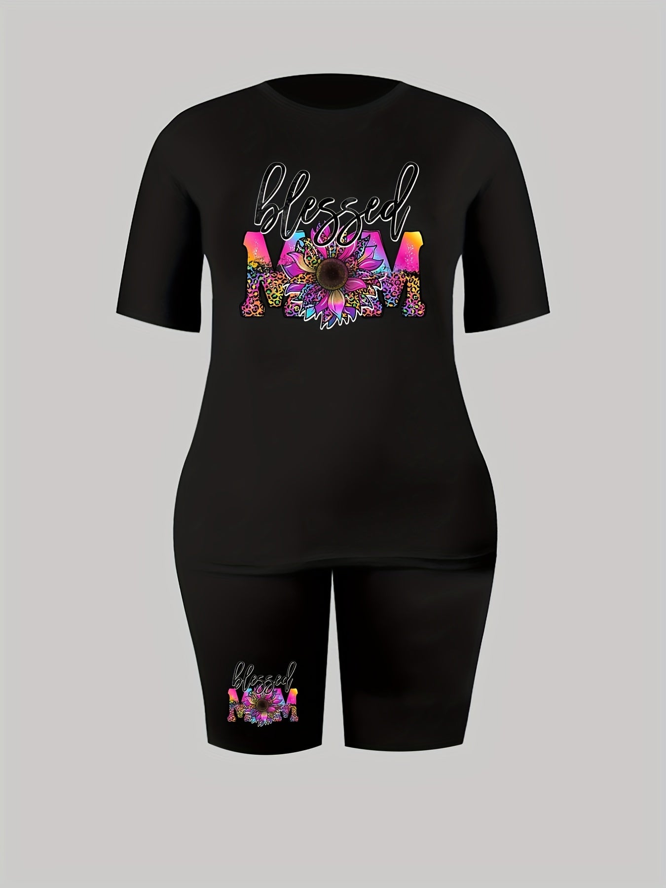  Flower & Letter Print Tee & Shorts 2 Piece Set