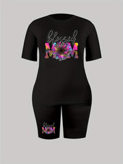  Flower & Letter Print Tee & Shorts 2 Piece Set