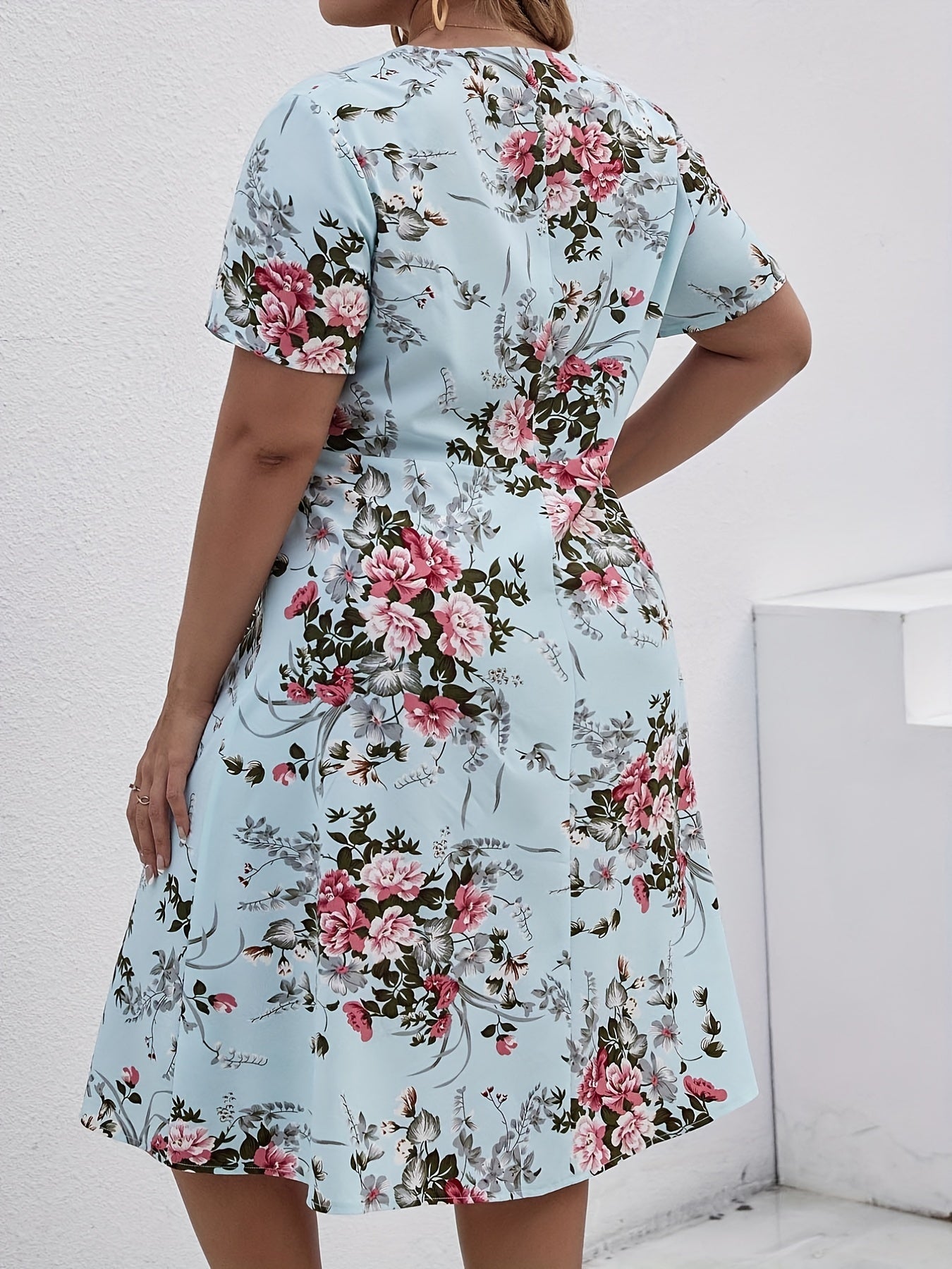  Casual Floral Print Short Sleeve Knot Dress