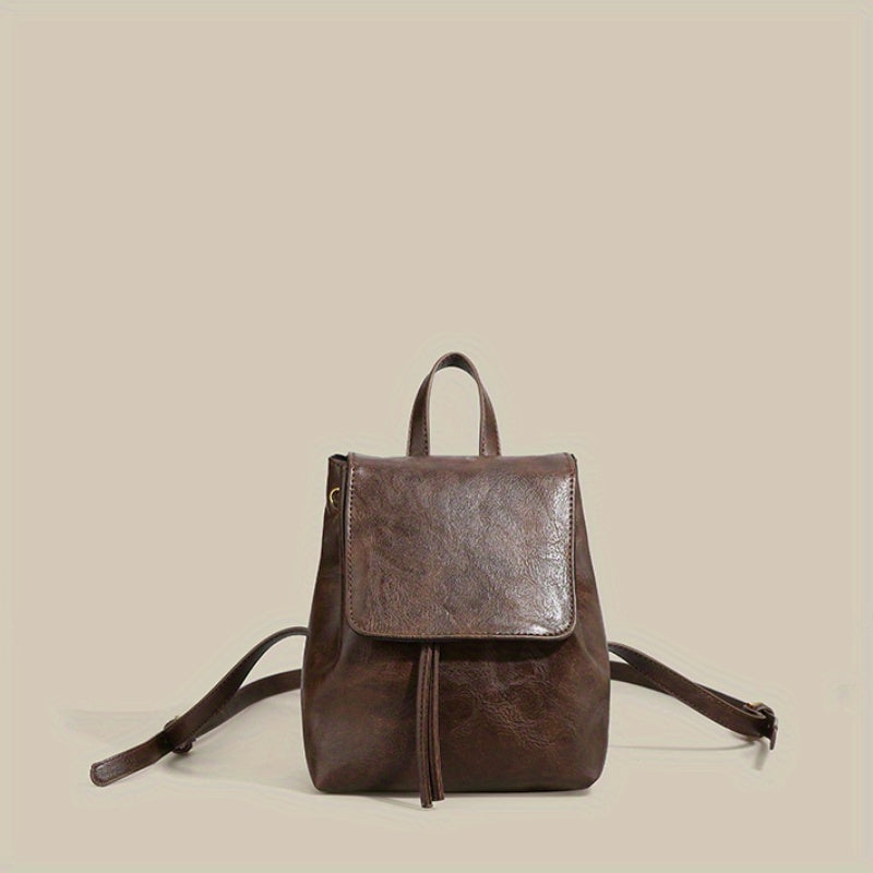 Small Drawstring Flap Backpack PU Leather Textured School Backpack