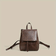 Small Drawstring Flap Backpack PU Leather Textured School Backpack