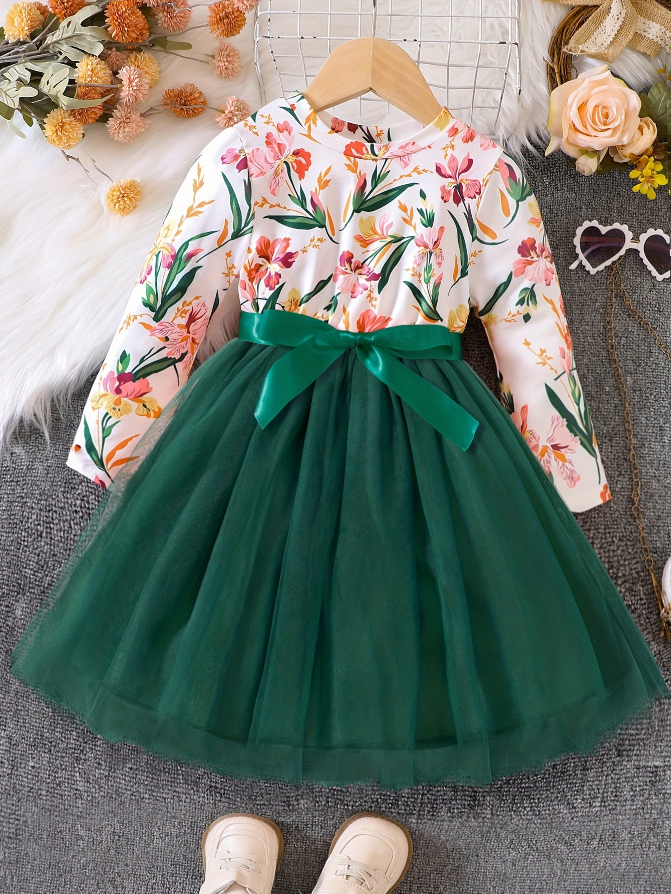 Girls Ruffled Sleeves Crew Neck Bow Floral Tulle Tutu Princess Dress