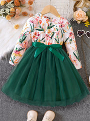 Girls Ruffled Sleeves Crew Neck Bow Floral Tulle Tutu Princess Dress