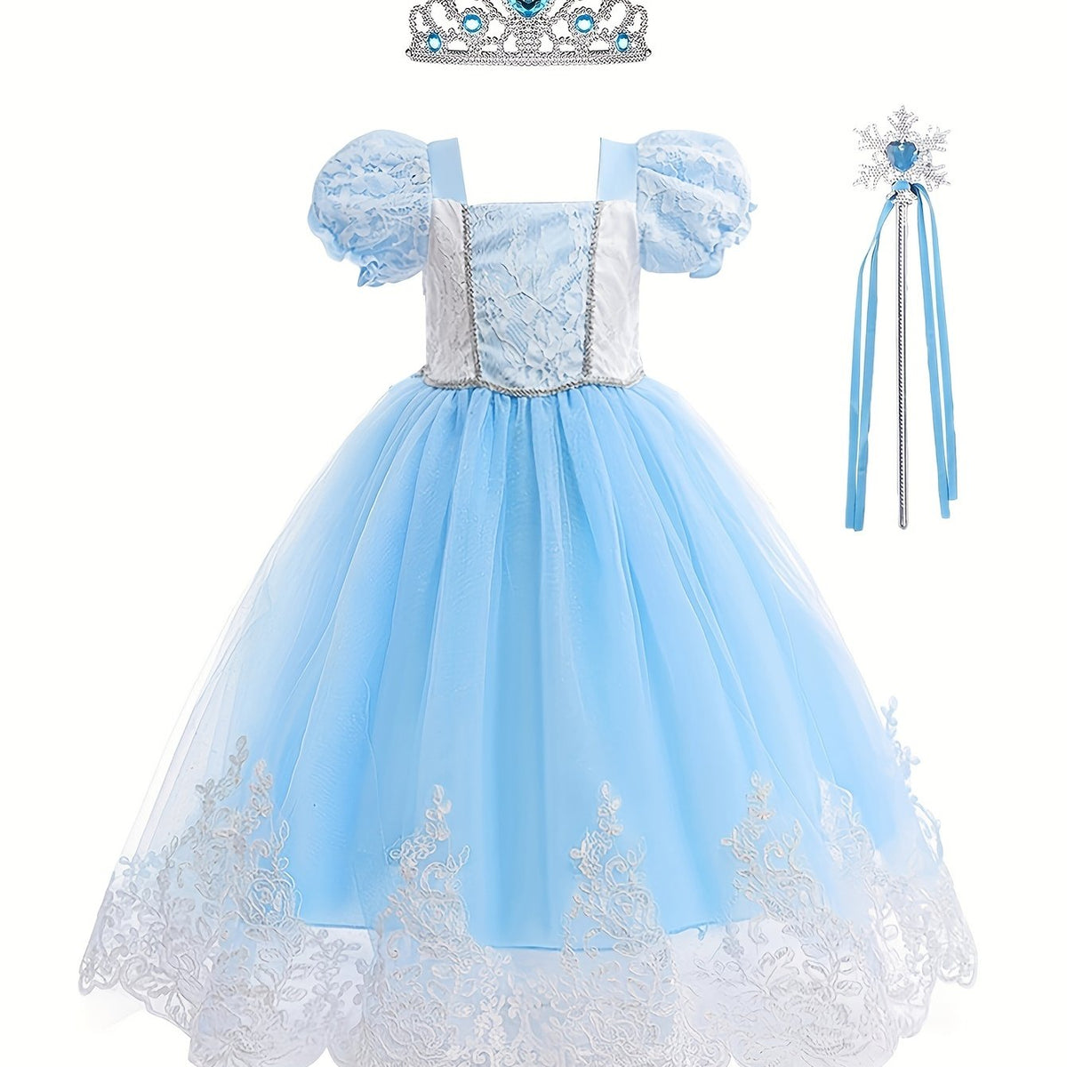 Princess Halloween Costume Dress Up Girls Fairy Tale Lace Embroidered Puff Sleev