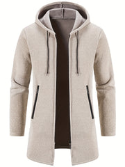 Men's Mid-Length Hooded Fleece Coat - Solid Zip-Up Cardigan