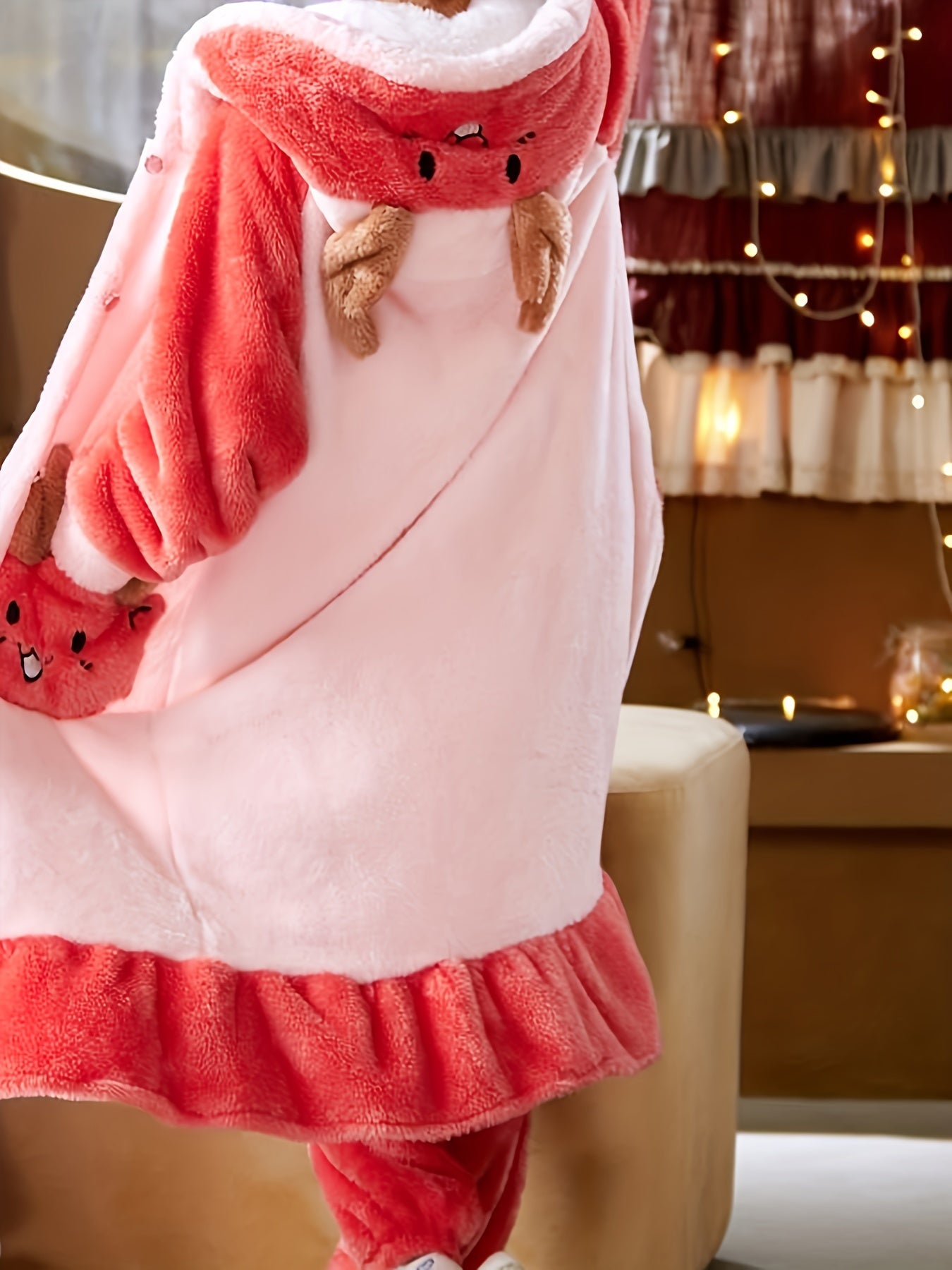  Christmas Pajamas Set Women's Plus Deer Raglan Sleeve Button Up Hooded