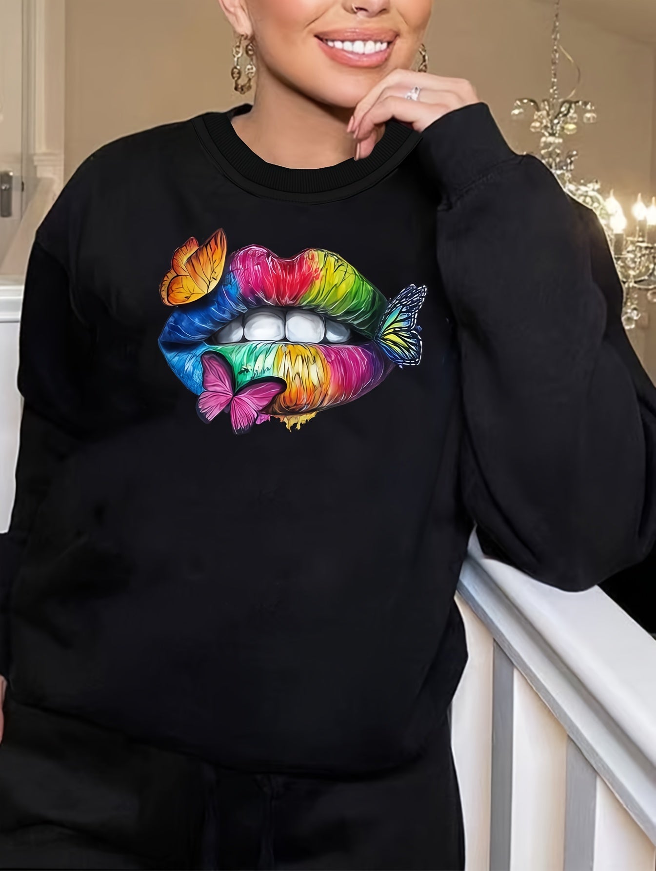  Casual Rainbow Lip & Butterfly Print Long Sleeve Round Neck T shirt