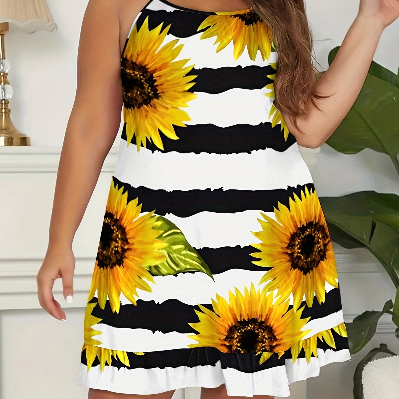  Sunflower & Stripe Print Ruffle Trim Cami Sleep Dress