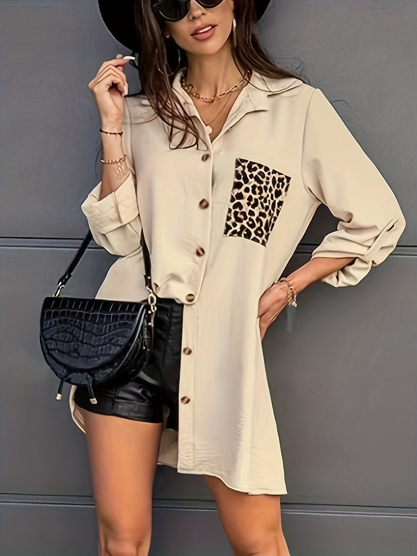  Colorblock Leopard Print Button Up Roll Up Sleeve Blouse