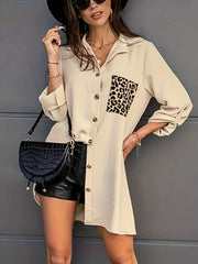  Colorblock Leopard Print Button Up Roll Up Sleeve Blouse