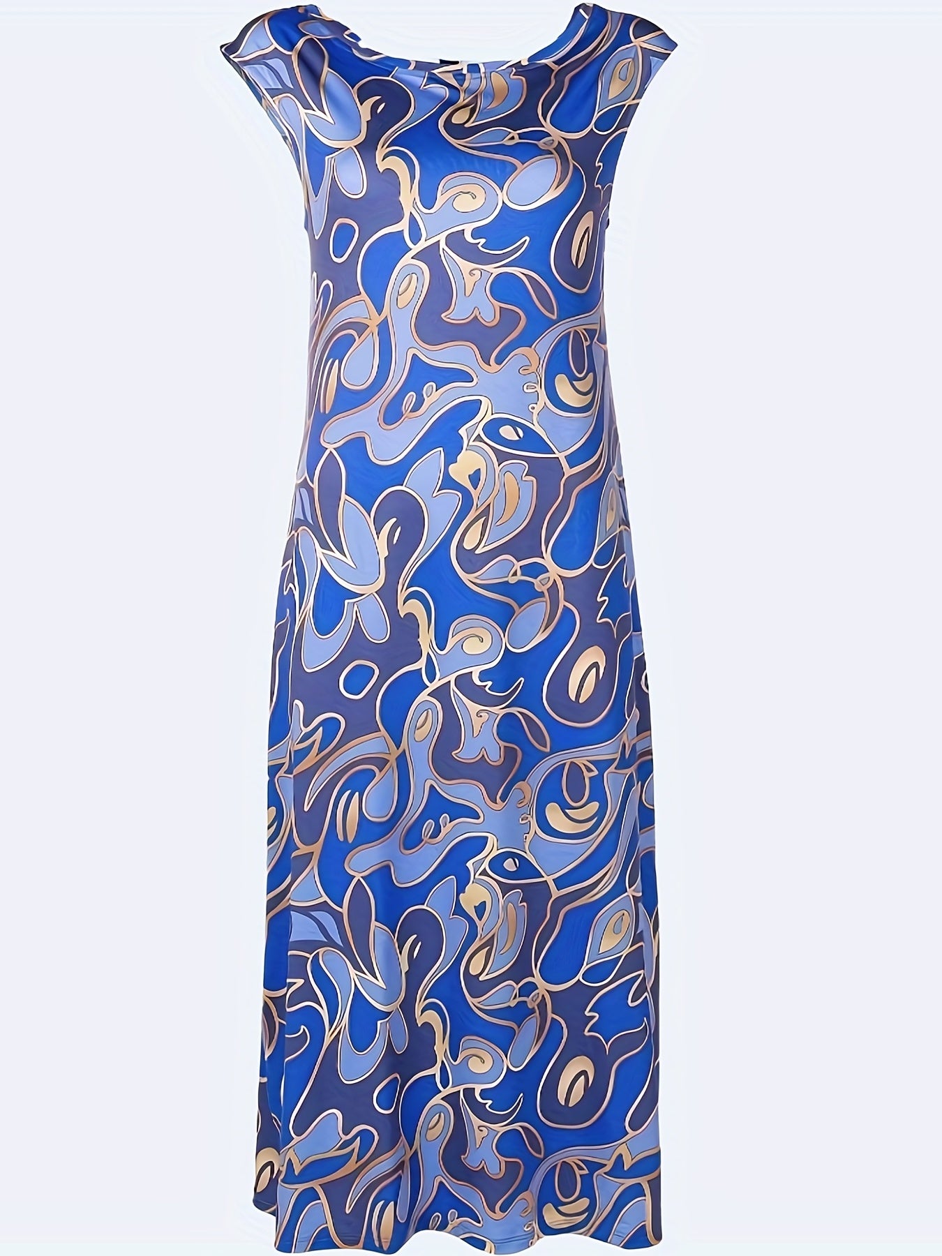  Abstract Print Cap Sleeve Stretch Split Dress