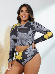  Sporty Bikini Set Women's Floral Print Long Sleeve Crop Top & Pan