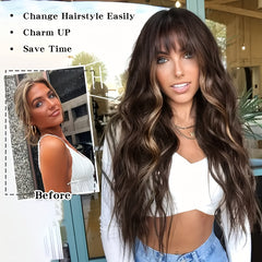 Brown Highlight Wig With Bangs Long Wavy Hair Wig Curly Synthetic Wigs