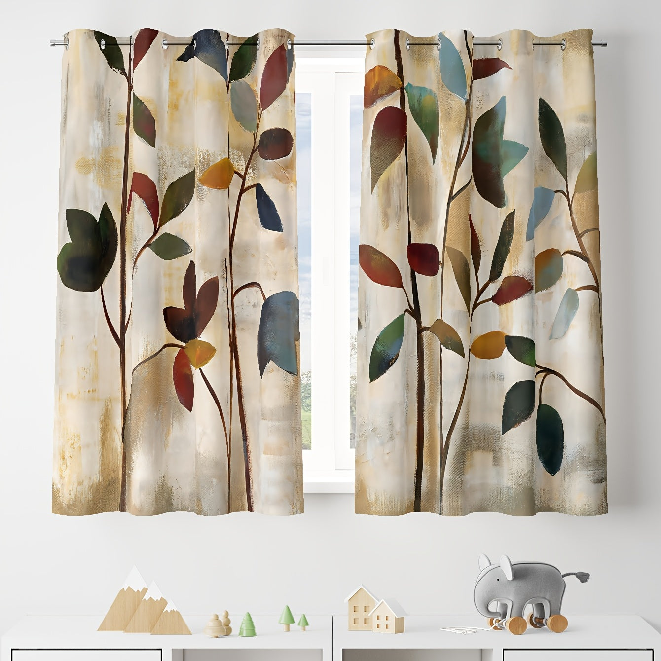 2pcs Hand Painted Leaves Pattern Curtains