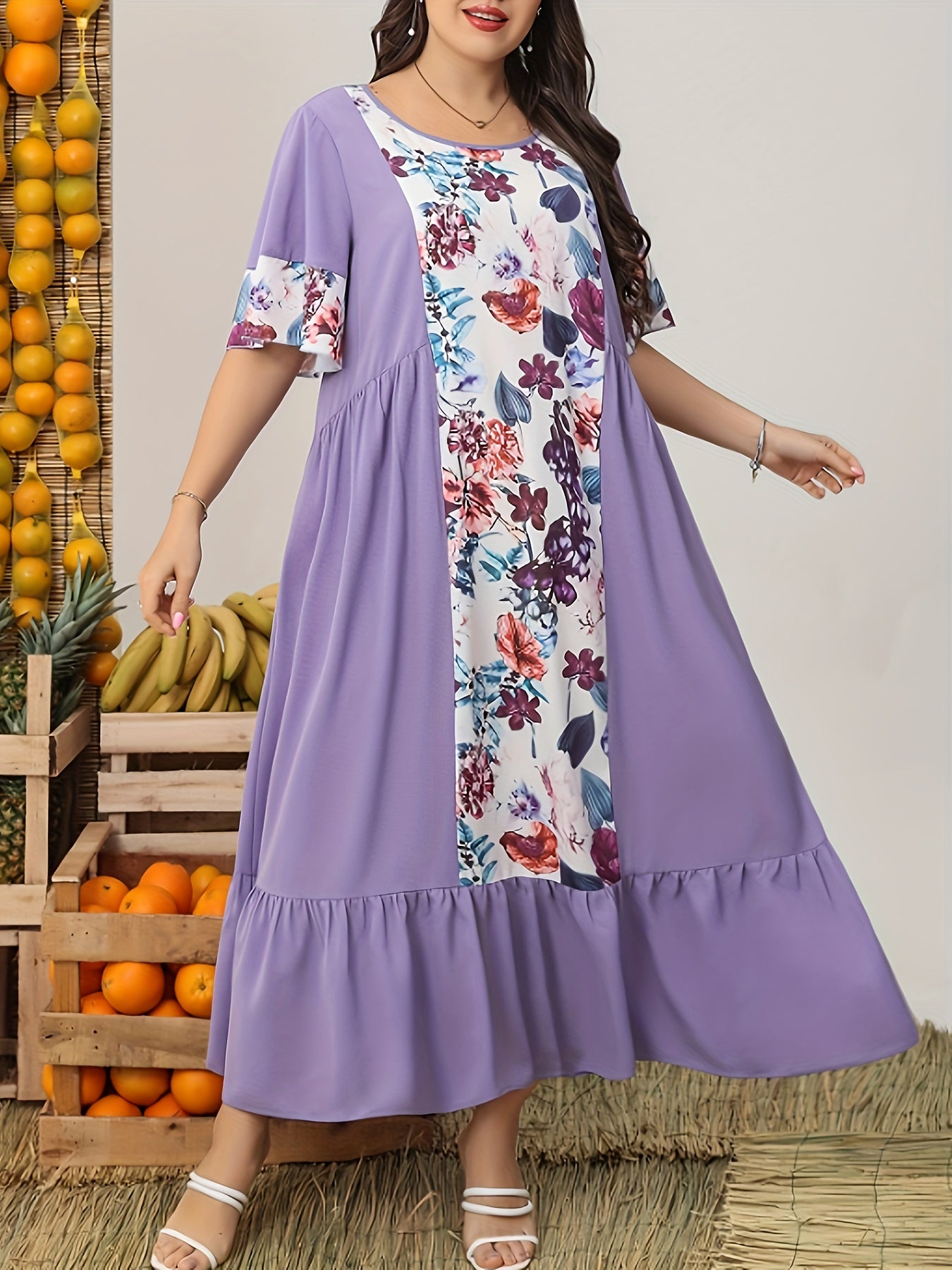  Colorblock Floral Print Butterfly Sleeve Maxi Dress