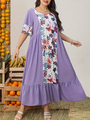  Colorblock Floral Print Butterfly Sleeve Maxi Dress