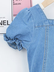 Girls Casual Denim Tunic Dress Square Neck Short Sleeve