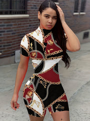 Graphic Print Slim Fit Zipper Rompers