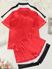  Satin Pajama Set Women's Contrast Piping Short Sleeve Shirt & Shorts