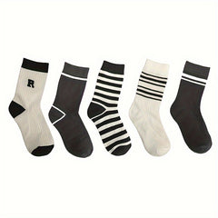 5 Pairs Letter Print Striped Socks Crew Sports Women's Stockings