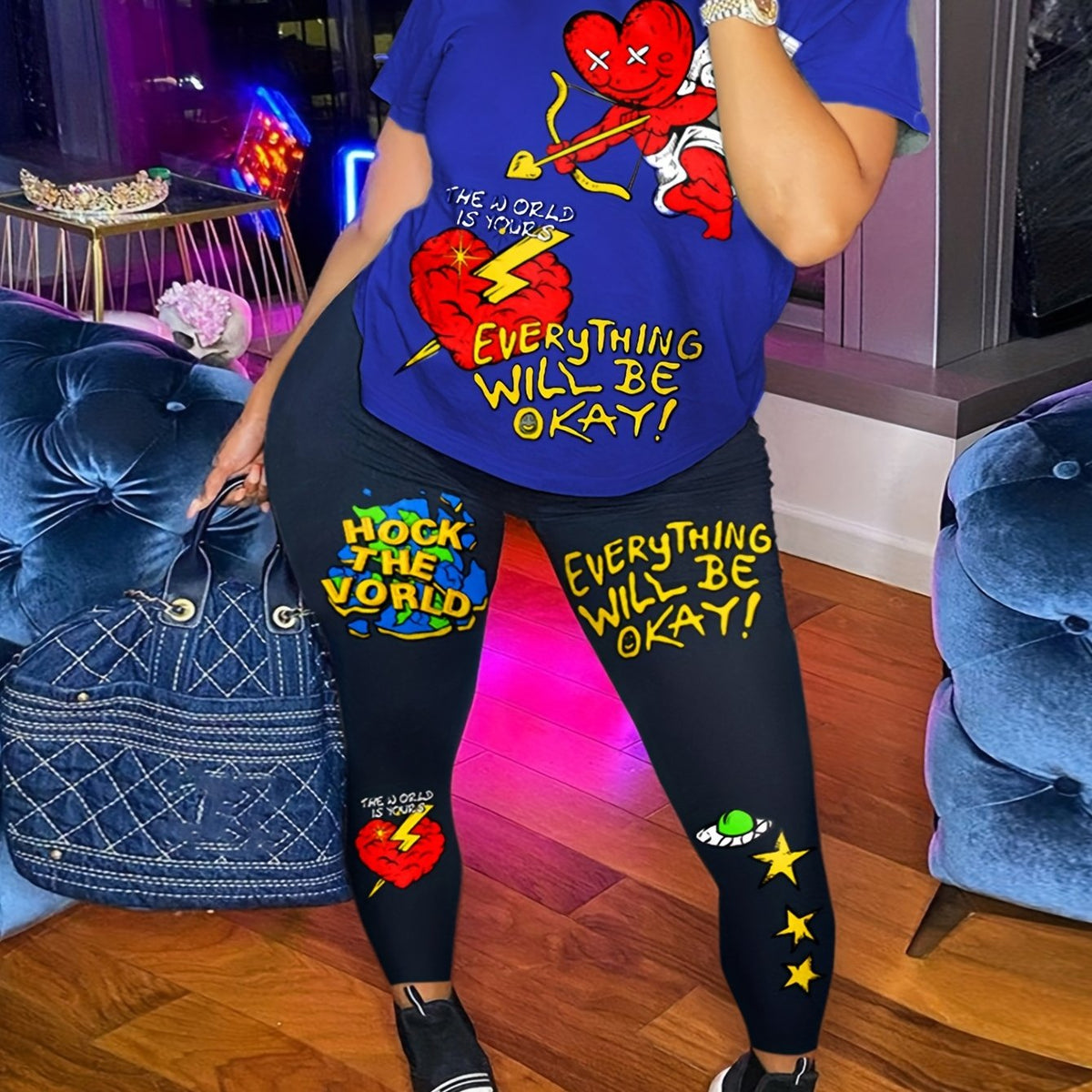  Casual Outfits Set Women's Funny Print Tee & Leggings Set