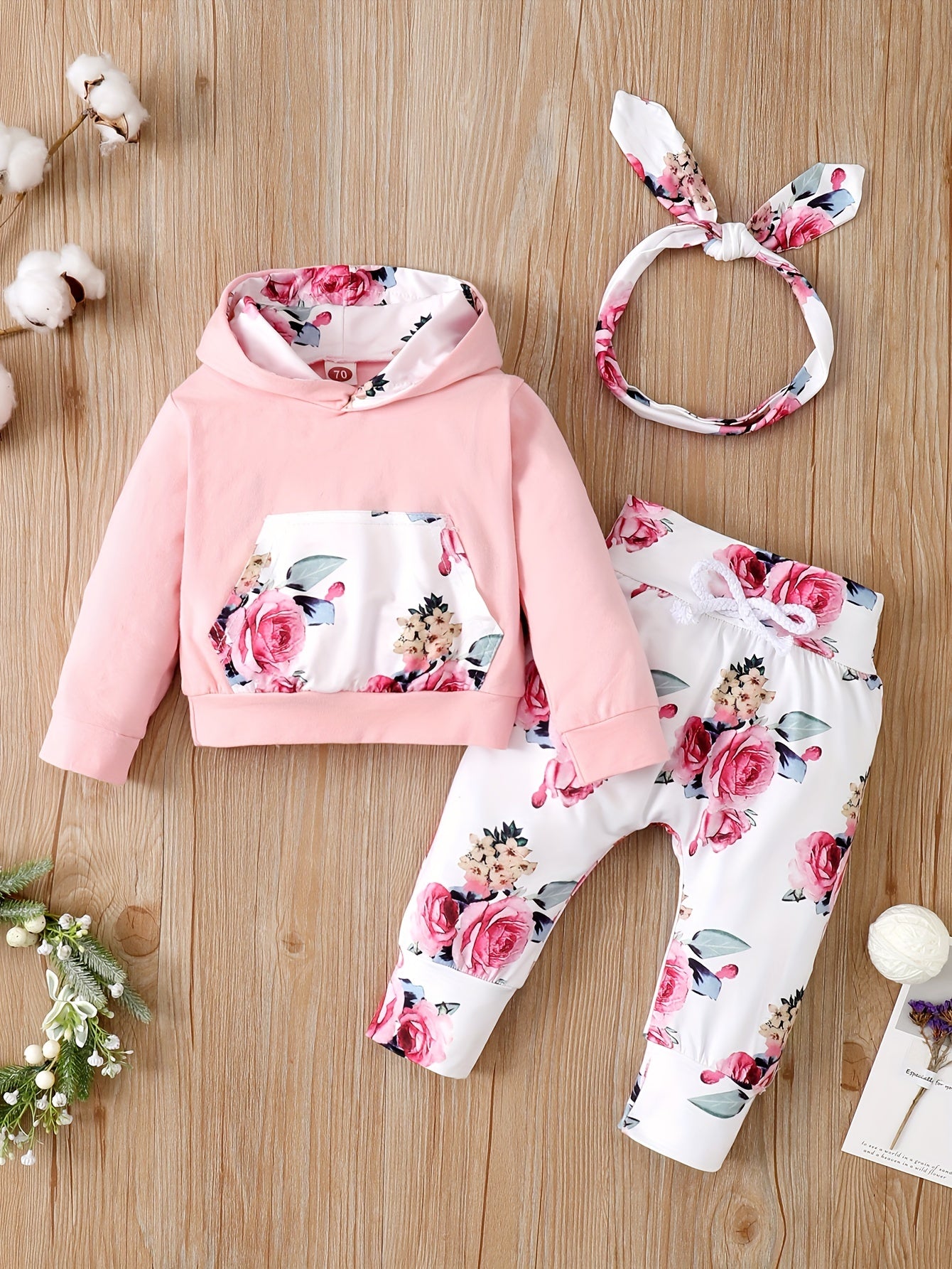 Baby Girls Hooded Pocket Long Sleeve Sweatshirt Flowers Pants Set