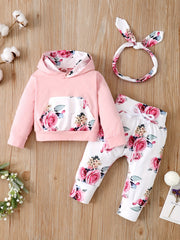 Baby Girls Hooded Pocket Long Sleeve Sweatshirt Flowers Pants Set