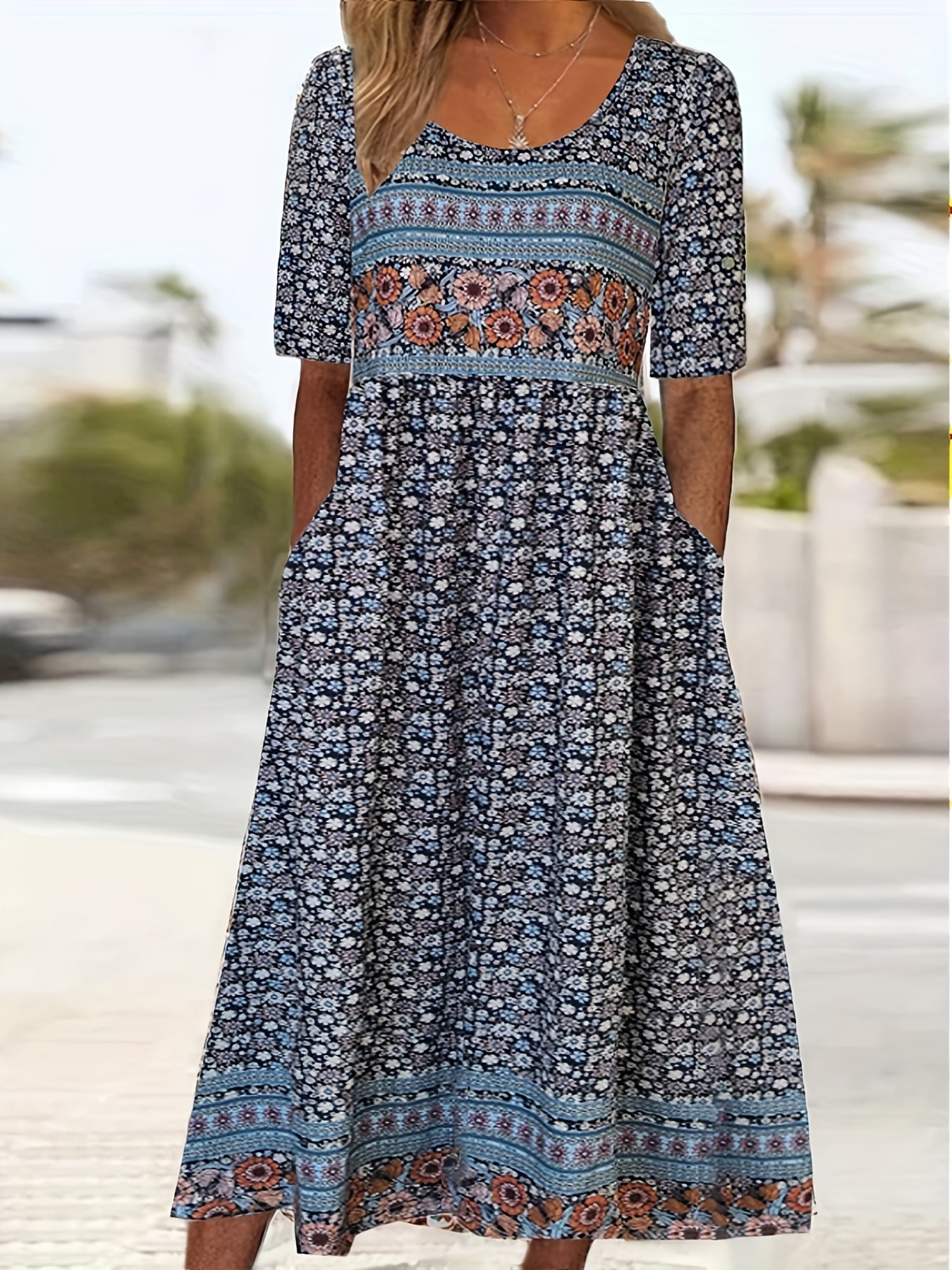  Boho Dress Colorblock Floral Print Maxi Dress With Pockets