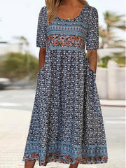  Boho Dress Colorblock Floral Print Maxi Dress With Pockets