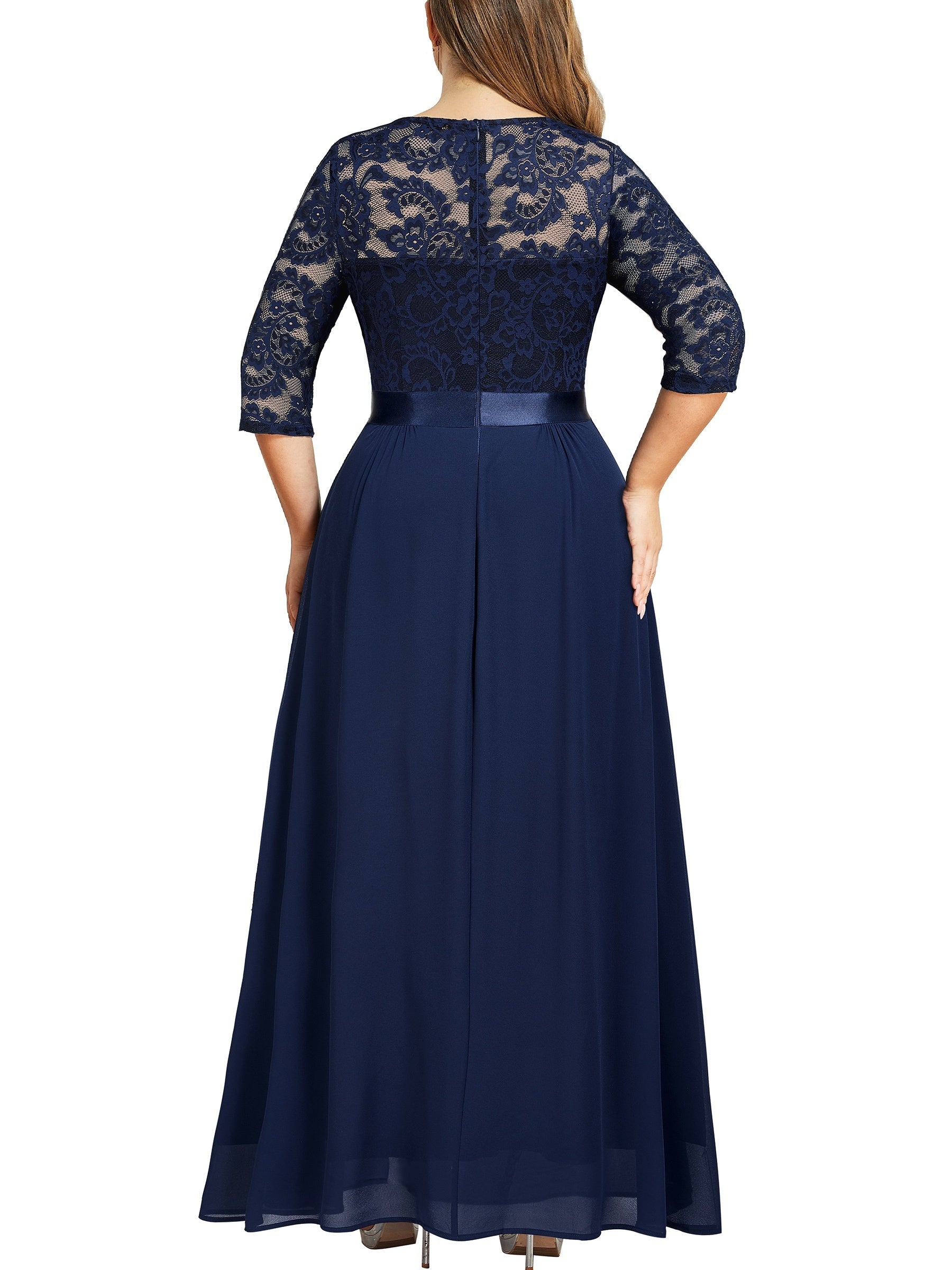  Lace Sleeve Ruffle Maxi Evening Dress