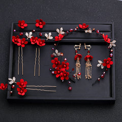 Red Flowers Headband Hairpins Clip Earring Set Chinese Style Bridal Wedding
