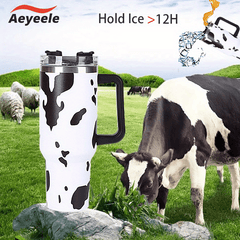 40oz Cow Print Insulated Tumbler with Handle & Straw Lid