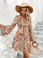  Boho Paisley Print Layered Bell Sleeve Mini Dress