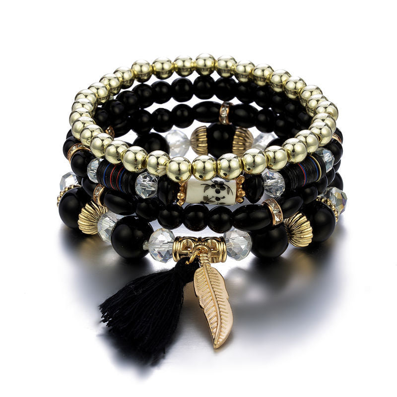 Bohemia Beaded Bracelets Tassels & Leaves Pendant Vintage Bracelet Set