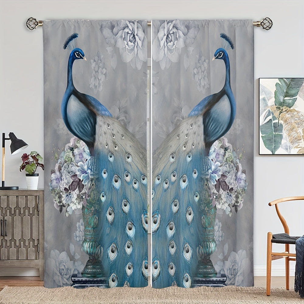 2pcs Peacock Printed Curtain Rod Pocket Installation Curtains
