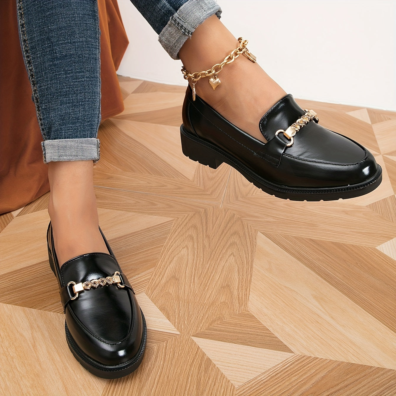 Metallic Chain Decor Loafers Slip On Low Round Toe Platform Shoes